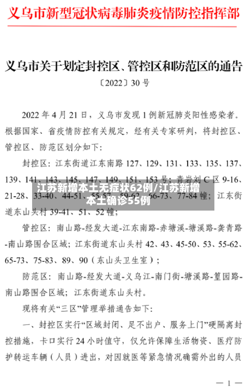 江苏新增本土无症状62例/江苏新增本土确诊55例